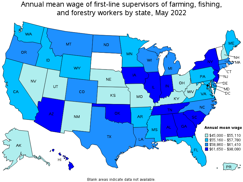Map of annual mean wages of first-line supervisors of farming, fishing, and forestry workers by state, May 2022