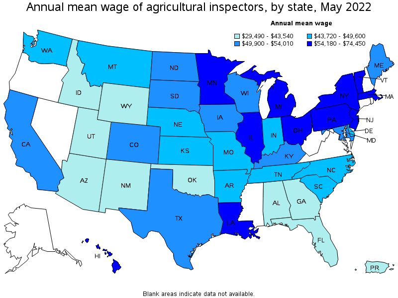 Map of annual mean wages of agricultural inspectors by state, May 2022