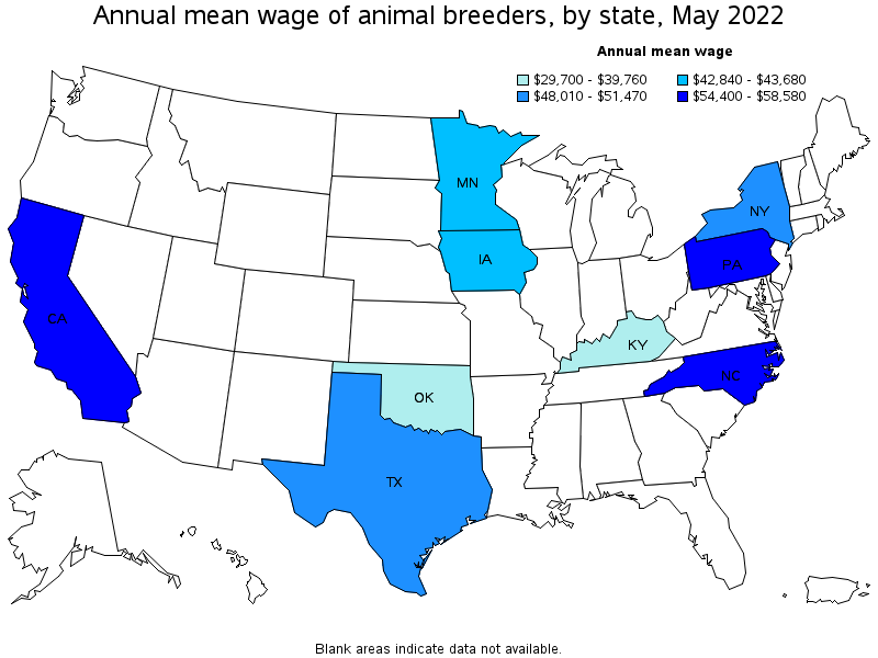 Map of annual mean wages of animal breeders by state, May 2022
