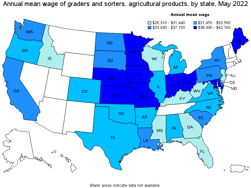 Map of annual mean wages of graders and sorters, agricultural products by state, May 2022