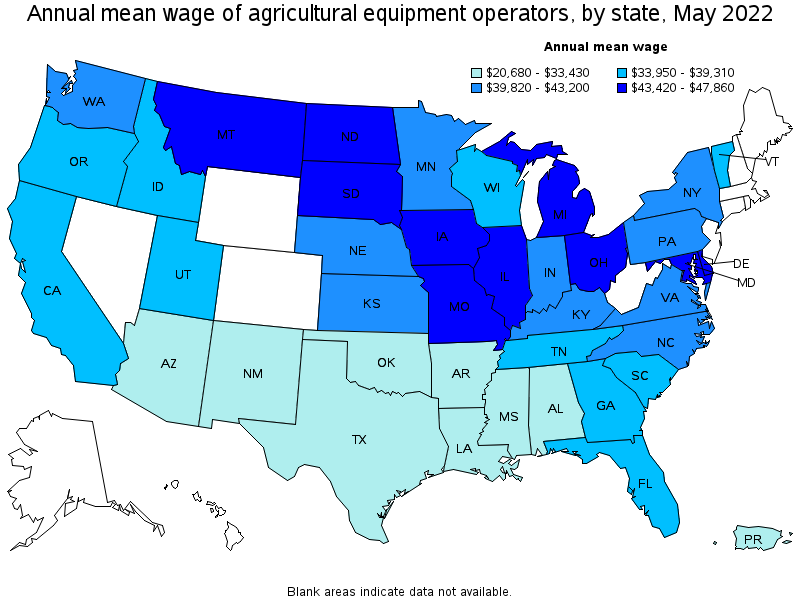 Map of annual mean wages of agricultural equipment operators by state, May 2022