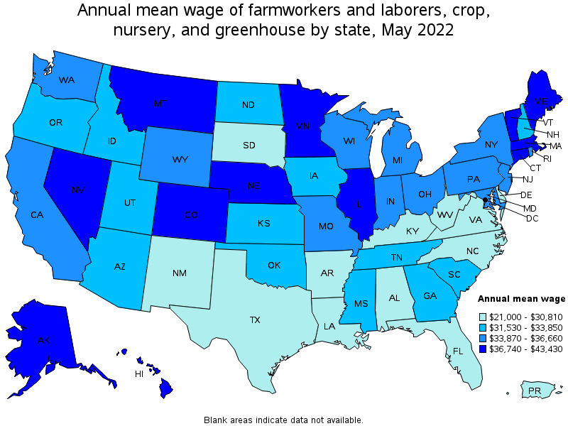 Map of annual mean wages of farmworkers and laborers, crop, nursery, and greenhouse by state, May 2022