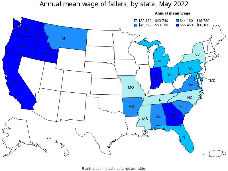 Map of annual mean wages of fallers by state, May 2022