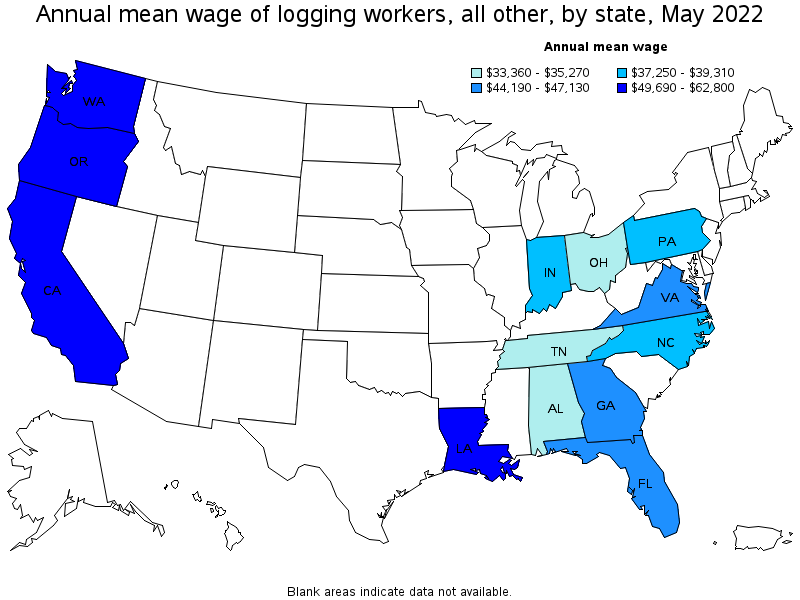 Map of annual mean wages of logging workers, all other by state, May 2022