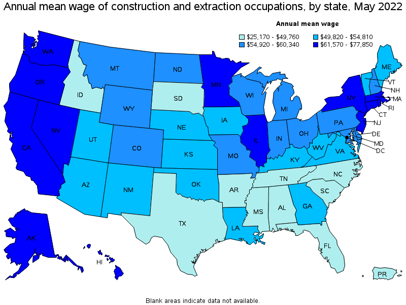 Map of annual mean wages of construction and extraction occupations by state, May 2022