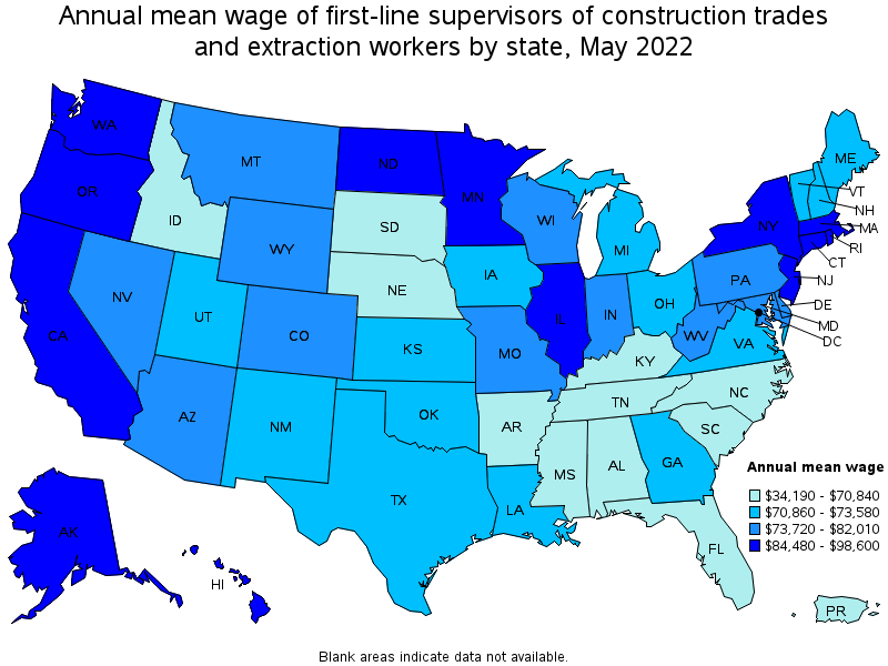 Map of annual mean wages of first-line supervisors of construction trades and extraction workers by state, May 2022