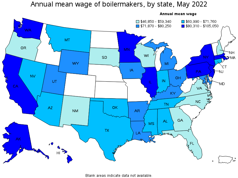 Map of annual mean wages of boilermakers by state, May 2022