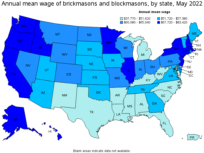 Map of annual mean wages of brickmasons and blockmasons by state, May 2022