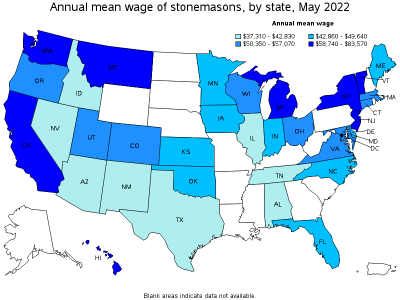 Map of annual mean wages of stonemasons by state, May 2022