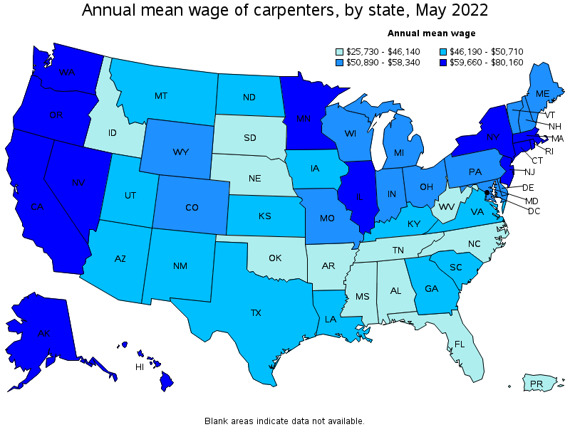 Map of annual mean wages of carpenters by state, May 2022