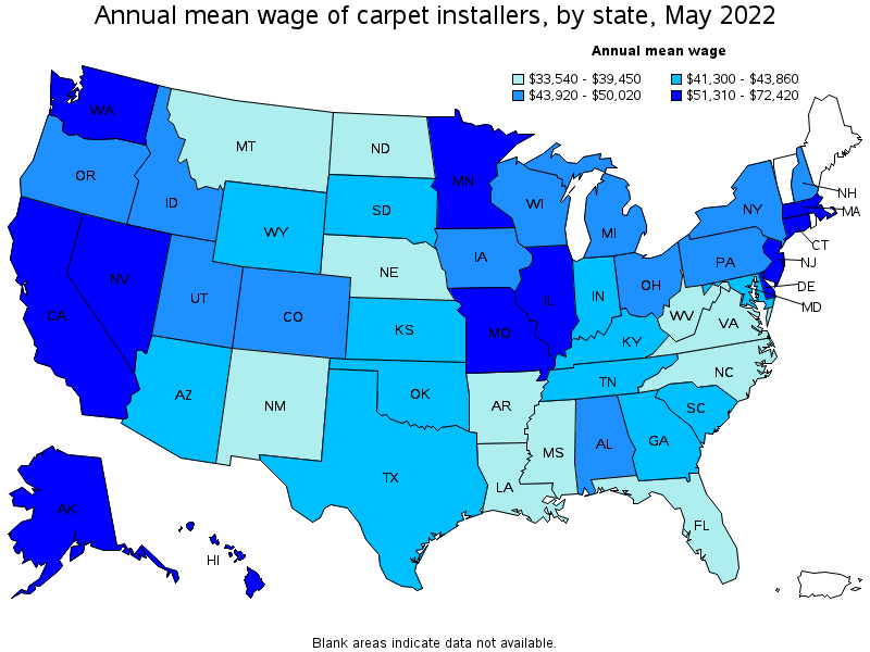 Map of annual mean wages of carpet installers by state, May 2022