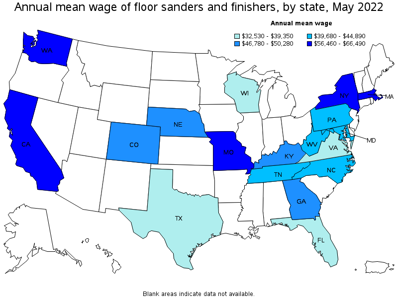 Map of annual mean wages of floor sanders and finishers by state, May 2022