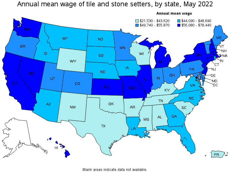 Map of annual mean wages of tile and stone setters by state, May 2022