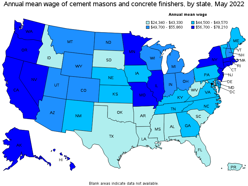 Map of annual mean wages of cement masons and concrete finishers by state, May 2022