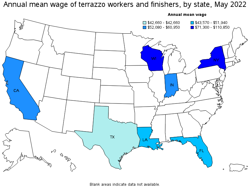 Map of annual mean wages of terrazzo workers and finishers by state, May 2022