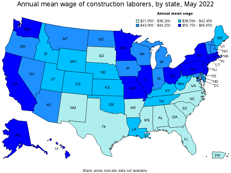 Map of annual mean wages of construction laborers by state, May 2022
