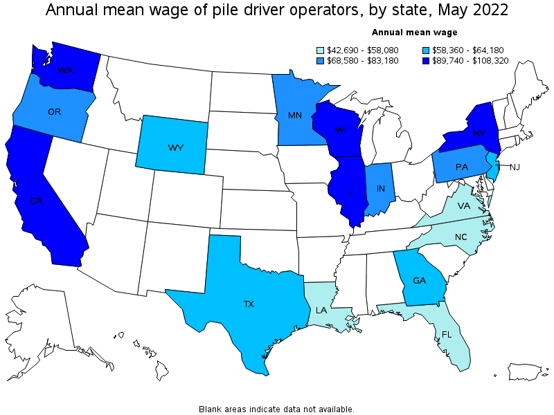 Map of annual mean wages of pile driver operators by state, May 2022