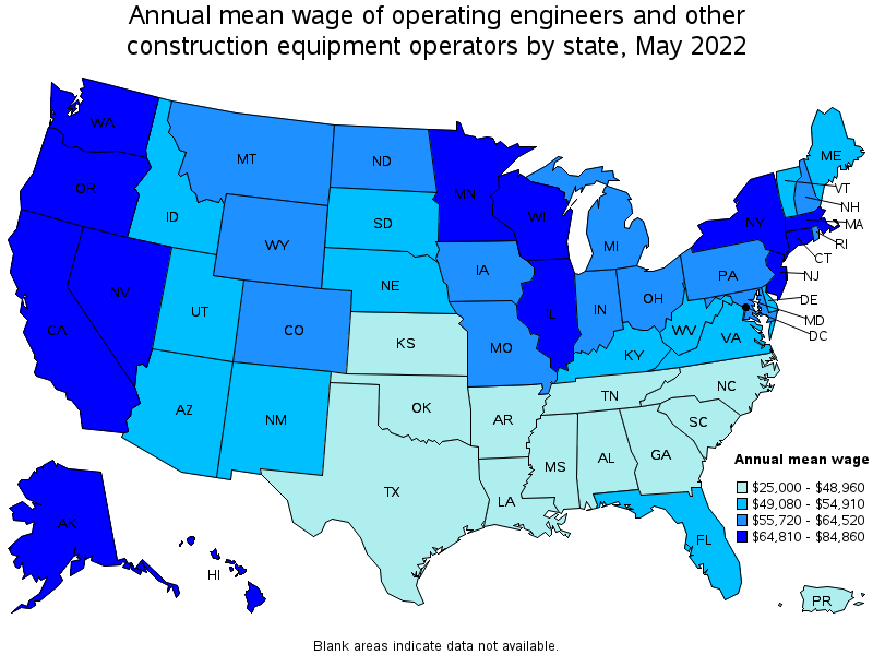 Map of annual mean wages of operating engineers and other construction equipment operators by state, May 2022