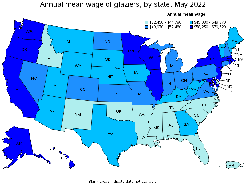 Map of annual mean wages of glaziers by state, May 2022