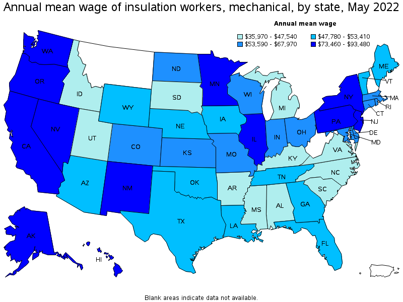 Map of annual mean wages of insulation workers, mechanical by state, May 2022