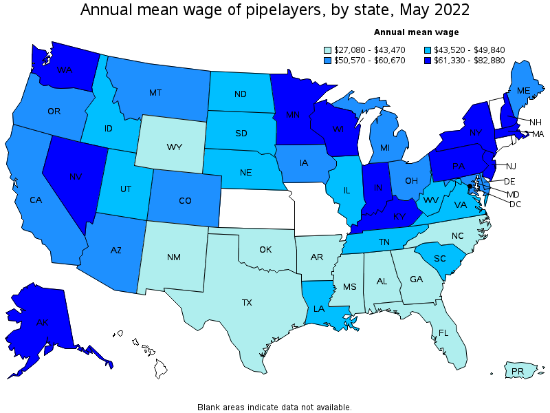 Map of annual mean wages of pipelayers by state, May 2022