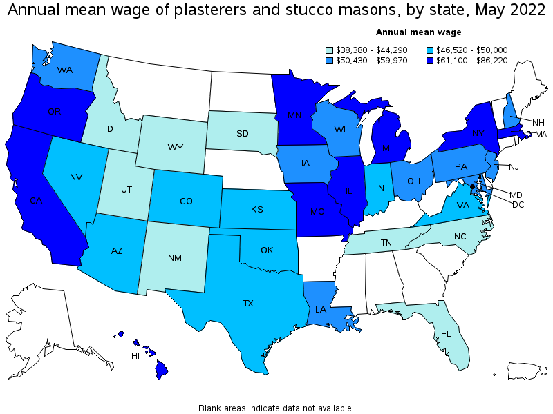 Map of annual mean wages of plasterers and stucco masons by state, May 2022