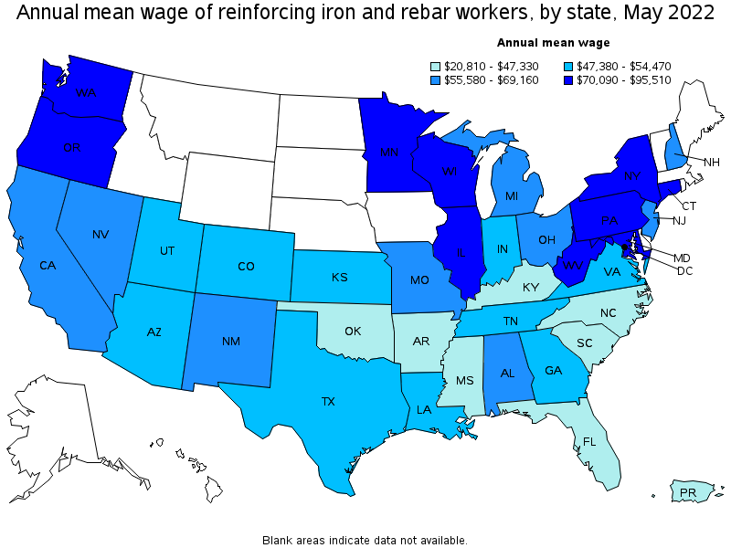 Map of annual mean wages of reinforcing iron and rebar workers by state, May 2022