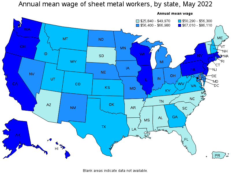 Map of annual mean wages of sheet metal workers by state, May 2022