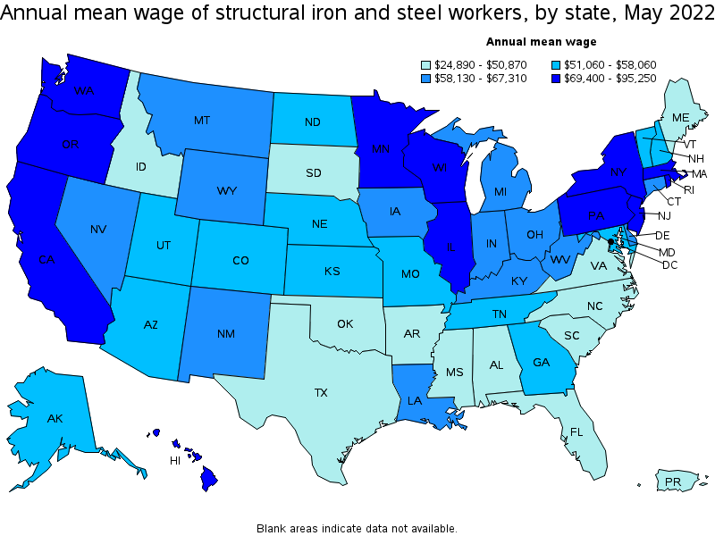 Map of annual mean wages of structural iron and steel workers by state, May 2022
