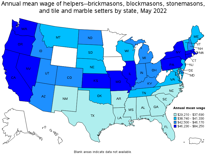 Map of annual mean wages of helpers--brickmasons, blockmasons, stonemasons, and tile and marble setters by state, May 2022