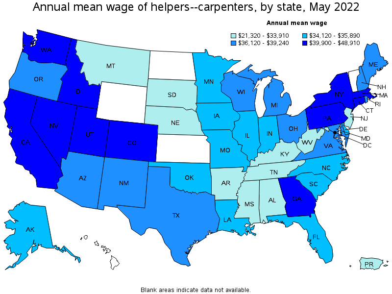 Map of annual mean wages of helpers--carpenters by state, May 2022