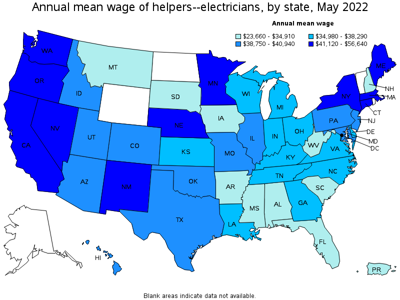 Map of annual mean wages of helpers--electricians by state, May 2022