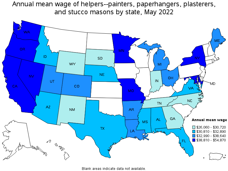 Map of annual mean wages of helpers--painters, paperhangers, plasterers, and stucco masons by state, May 2022