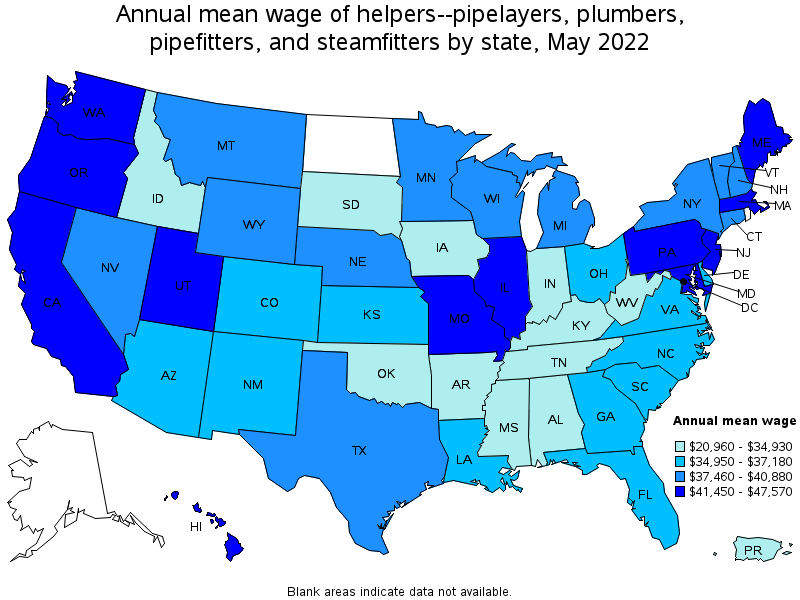 Map of annual mean wages of helpers--pipelayers, plumbers, pipefitters, and steamfitters by state, May 2022