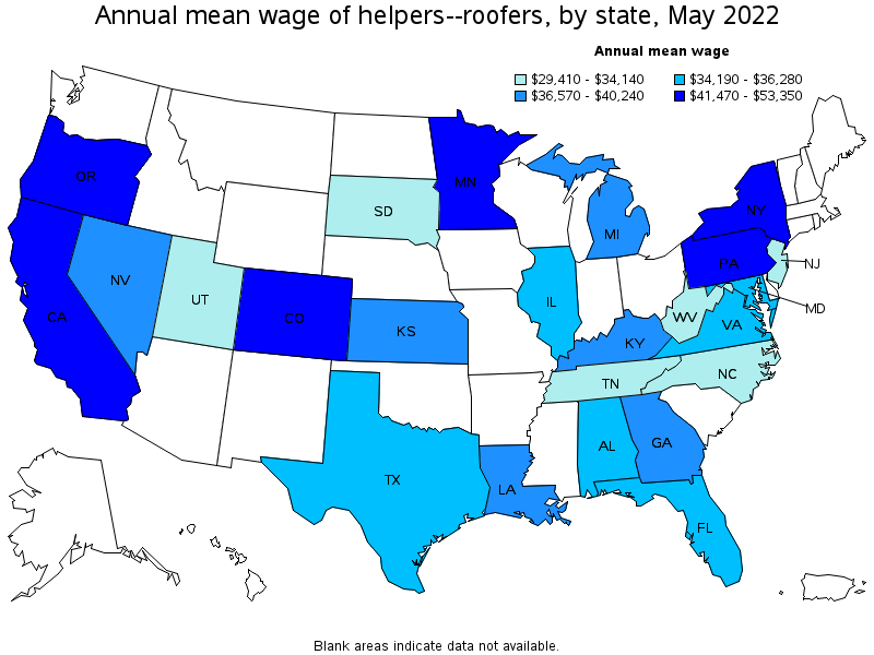 Map of annual mean wages of helpers--roofers by state, May 2022
