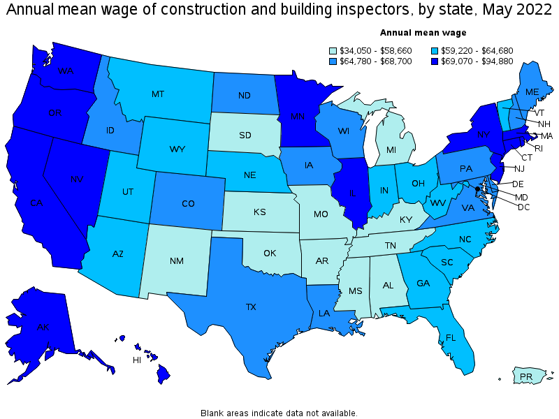 Map of annual mean wages of construction and building inspectors by state, May 2022