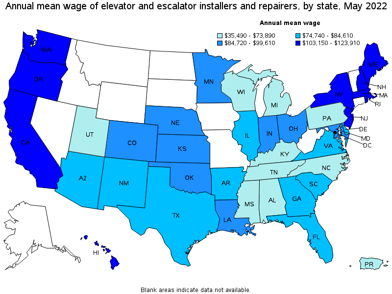 Map of annual mean wages of elevator and escalator installers and repairers by state, May 2022