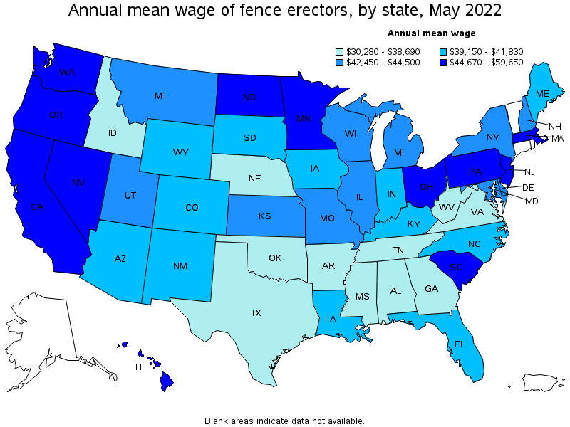 Map of annual mean wages of fence erectors by state, May 2022