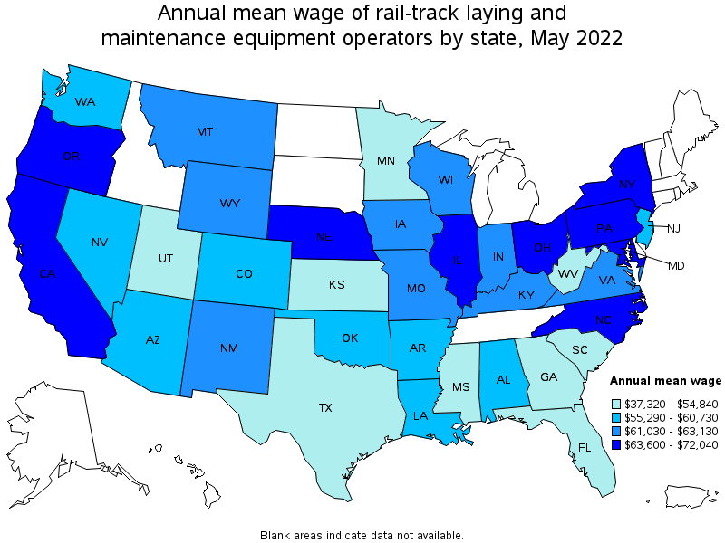 Map of annual mean wages of rail-track laying and maintenance equipment operators by state, May 2022
