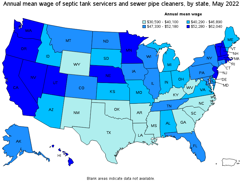 Map of annual mean wages of septic tank servicers and sewer pipe cleaners by state, May 2022
