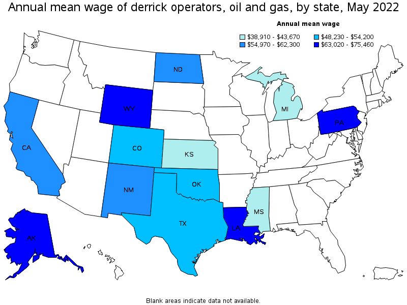 Map of annual mean wages of derrick operators, oil and gas by state, May 2022