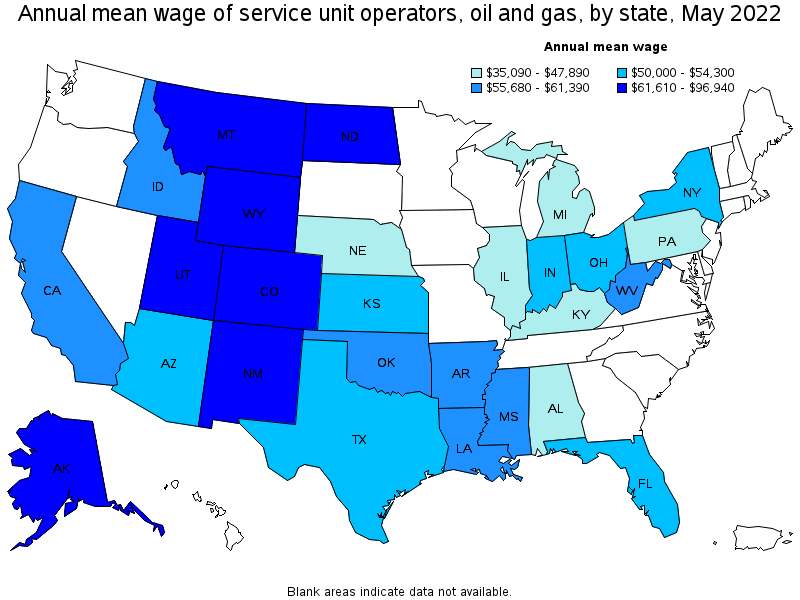 Map of annual mean wages of service unit operators, oil and gas by state, May 2022