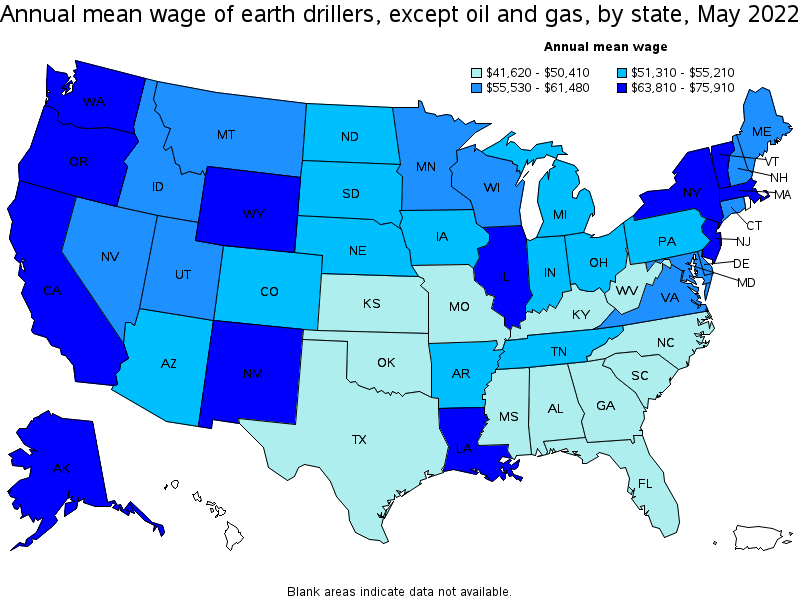 Map of annual mean wages of earth drillers, except oil and gas by state, May 2022