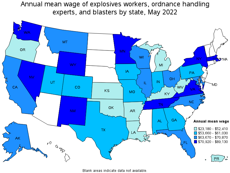 Map of annual mean wages of explosives workers, ordnance handling experts, and blasters by state, May 2022