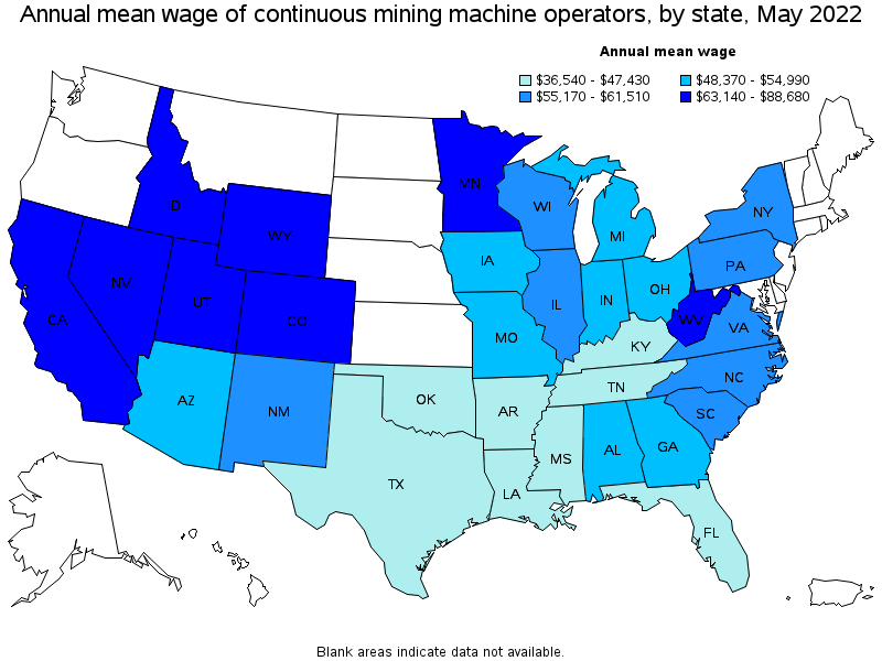 Map of annual mean wages of continuous mining machine operators by state, May 2022