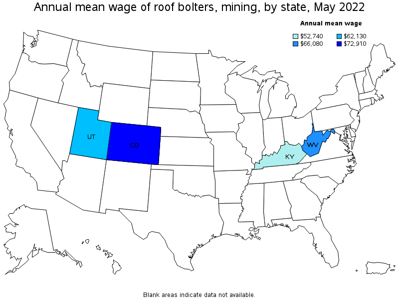 Map of annual mean wages of roof bolters, mining by state, May 2022