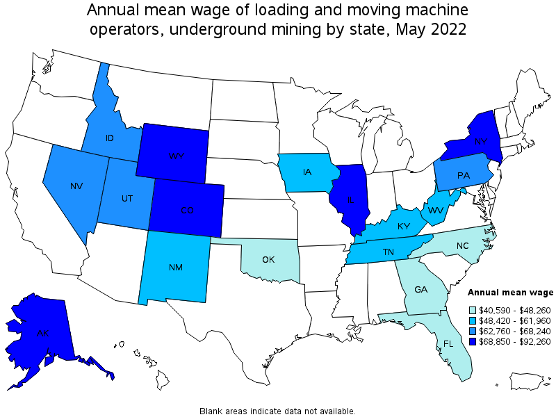 Map of annual mean wages of loading and moving machine operators, underground mining by state, May 2022