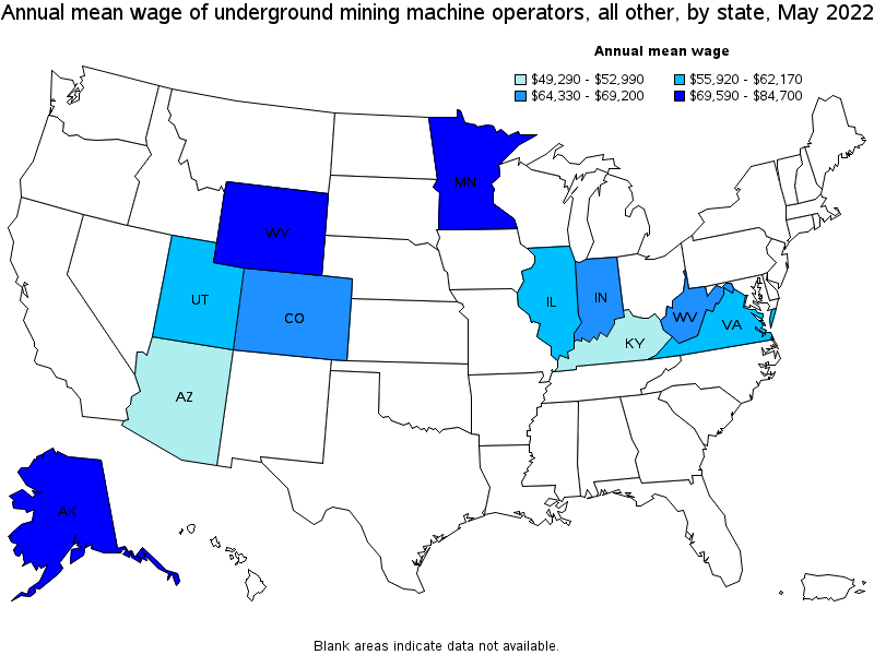 Map of annual mean wages of underground mining machine operators, all other by state, May 2022