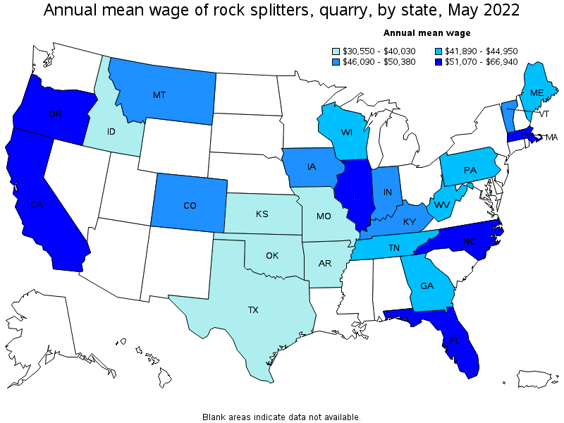 Map of annual mean wages of rock splitters, quarry by state, May 2022