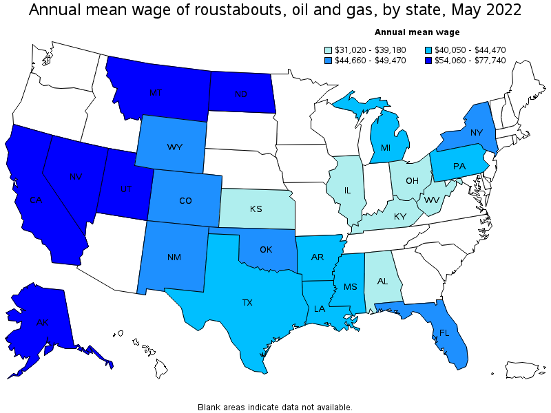 Map of annual mean wages of roustabouts, oil and gas by state, May 2022